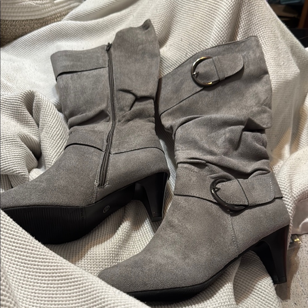 MS Shoe Designs Gray Heeled Boots with Slouchy Suede